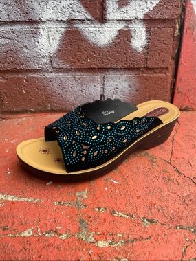 Black Wedge Mules with Teal Stud Detailing